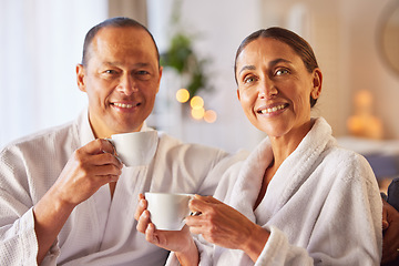 Image showing Spa, tea and portrait of couple relax together at Tokyo Japan resort for marriage anniversary vacation, holiday or wellness retreat. Beauty spa, love and coffee drink for Asian man and woman