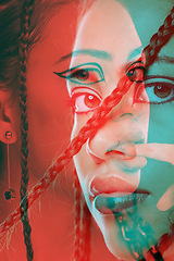 Image showing Double exposure, retro and face portrait of a woman with creative makeup, red color and edgy texture on a studio background. Vintage, cosmetics and zoom of a model with graphic design overlay