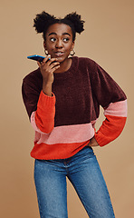 Image showing Black woman with phone call, smartphone on speaker with communication and gen z youth, technology and 5g network marketing. Internet, talking on mobile with young girl against studio background