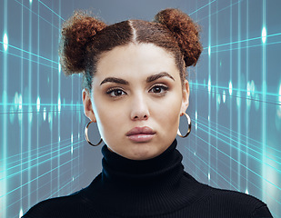 Image showing Portrait, futuristic and woman with holographic, ai and innovation for digital connection, technology or intelligence. Robotics, female or girl with science, scifi metaverse or cyberspace development