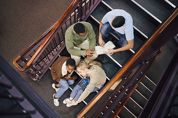 Image showing Above, student group and stairs for reading together, studying and research for exam, test or education. Students, diversity and teamwork for success, goals and motivation at college, campus or focus