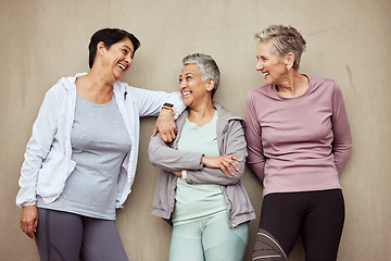 Image showing Fitness, friends and senior women with exercise and wellness in retirement, vitality and active lifestyle. Mature female, comedy and body training, relax and sports motivation against wall background