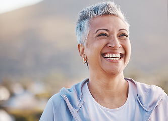 Image showing Face, elderly woman and smile with fitness outdoor, happy with cardio exercise, runner and happy in retirement. Health, wellness and active lifestyle with mature female, running mockup and workout