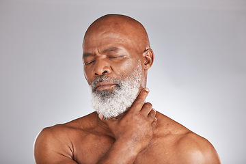 Image showing Senior black man, massage pain in spa on gray background or physical therapy care for healthy body. Elderly african person holding muscle, stress of burnout and medical wellness in retirement support