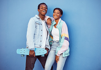 Image showing Skateboard, black couple and happiness portrait together for youth, gen z and summer motivation outdoor. African man, black woman and young love, freedom and happy skater lifestyle in city background