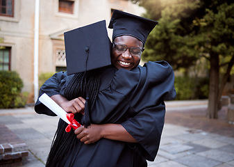 Image showing Black people, hug and celebration in graduation ceremony, university degree success or school diploma goals. Smile, happy friends and graduate students in embrace on college campus or education event