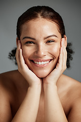 Image showing Portrait, beauty and skincare with a model black woman in studio on a gray background for face treatment. Facial, wellness and natural with an attractive young female posing to promote a skin product