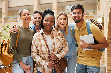 Image showing Portrait, university students and group of friends getting ready for learning. Scholarship, education or happy people standing together at school, campus or college bonding and preparing for studying