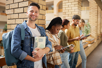 Image showing University, hallway and portrait of man and students standing in row together with books and tablet before class. Friends, education and future, happy man in study group on campus in lobby for exam.