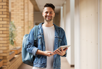 Image showing University portrait and man student with tablet for academic learning, research and studying online. Education, knowledge and Gen Z college learner at campus on break in California, USA.