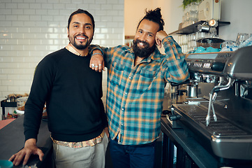 Image showing Coffee shop, business owner portrait and startup small business success of working leader team. Cafe, smile and proud entrepreneur partnership of store manager and employee from Spain at job