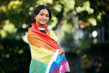 Image showing Portrait, woman and rainbow flag for pride, support and lgbtq awareness, sexuality freedom and queer. Female, girl and they with equality, love and gender neutral lifestyle for activism and festival