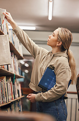 Image showing University, book search or student in library at college or school campus bookshelf for learning or studying. Research, scholarship or gen z girl focused on knowledge growth, goals or development