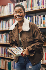 Image showing Black woman student, portrait and book in library, research or medical education with smile. African gen z woman, books and shelf at university for goals, learning and motivation for future vision