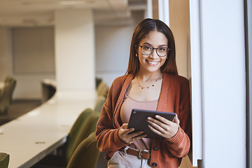 Image showing Face, student and woman with tablet in classroom for knowledge research. Portrait, university and happy female from Brazil holding touchscreen for learning, studying and education in lecture room.