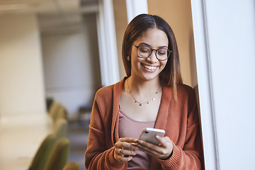 Image showing Face, student and woman with phone in classroom for knowledge research or social media. Cellphone, university and happy female from Brazil with mobile smartphone for learning, studying and education.