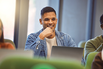 Image showing Happy, education and man with a laptop in class, learning scholarship and studying at university. Knowledge, smile and student with a computer at college for research, connection and project