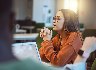 Image showing Woman, student and speaking in class, analysis and answer question for research, smart and conversation. Female, girl and academic for innovation, research and talking on campus, expert or discussion