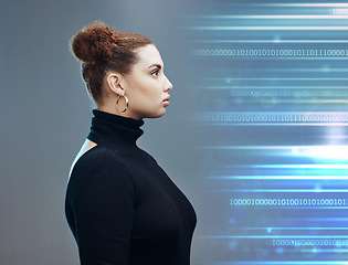 Image showing Woman, binary and cyberspace with a vision for future data, information or innovation in double exposure. Female cyberpunk in futuristic metaverse, holographic or cyber security and digital AI mockup