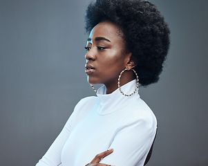 Image showing Stress, thinking and black woman with mental health, anxiety and focus on studio background. African American female, girl with fear and depression for financial crisis, idea and problems on backdrop