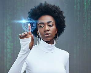 Image showing Futuristic, hologram and black woman with technology in a studio for digital tech innovation. Future, modern and young African girl model with 3d graphic metaverse overlay isolated by gray background