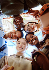 Image showing Below, portrait and student group with smile for motivation, support or education in summer sunshine. Diversity, students and learning with teamwork, community or scholarship at university for goals