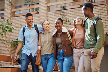 Image showing Men, walking women or bonding on college campus, school or university to education, learning or study class. Smile, happy friends or laughing students in diversity group commute or community support