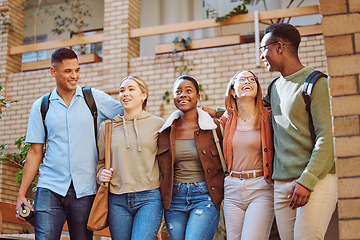 Image showing Men, bonding women or walking on university, school or college campus for education, learning or studying class. Smile, happy friends or students diversity group on morning commute routine to academy