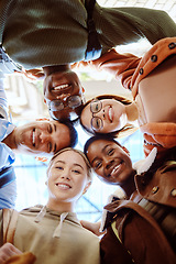 Image showing Below, diversity portrait and students with happiness, support or learning at college campus. Student friends, education and learning for teamwork, studying or scholarship at university for community