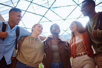 Image showing Student friends, diversity and happy together for motivation, support and education at university. Students, group and laugh with learning, teamwork or studying for scholarship at college for future