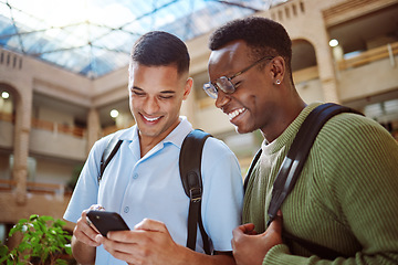 Image showing Students, university and friends with phone at campus for knowledge research. Cellphone technology, education and happy people or men holding mobile smartphone for social media or streaming video.