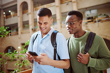 Image showing University, friends and students with phone at campus for knowledge research. Education, cellphone technology and happy people or men with 5g mobile smartphone for learning, texting or social media.