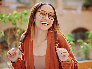 Image showing Happy, woman and student with education and portrait university and backpack, scholarship and outdoor with learning and study. College student, freedom and academic growth, glasses and geek outdoor