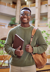 Image showing Campus, student and portrait of black man at college building, academy and school for education in Atlanta. Happy university student studying with motivation for knowledge, learning or future success