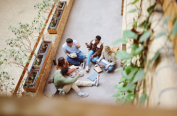 Image showing University group, collaboration and diversity students working on research, college project or education study. Knowledge learning, communication and top view of scholarship people on school campus