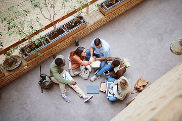 Image showing University group collaboration, high five and students happy for research, college project or education study teamwork. Learning, team building or top view of excited diversity people on school floor