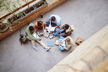 Image showing University, group collaboration and students working on research, college project or education study. Knowledge learning, teamwork meeting and top view of diversity people coworking on school floor