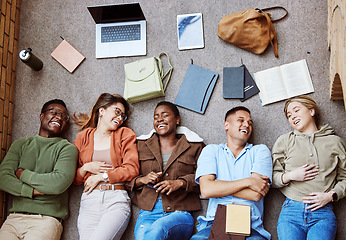 Image showing College floor, diversity and laughing students relax after group project, research education study or university teamwork. Knowledge, learning and top view of happy friends on school campus ground