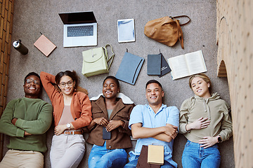 Image showing College floor, diversity portrait and students collaboration on group research project, university study or education learning. Knowledge, teamwork or top view of happy friends relax on school campus