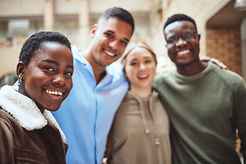 Image showing Women, men or selfie pov on college campus, university or school for social media, profile picture or group selfie. Portrait, smile or happy students in photography picture in diversity community fun