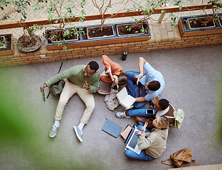 Image showing University phone selfie, peace sign and students working on research, college project or group education study. Knowledge learning, emoji gesture and top view of diversity friends on school floor