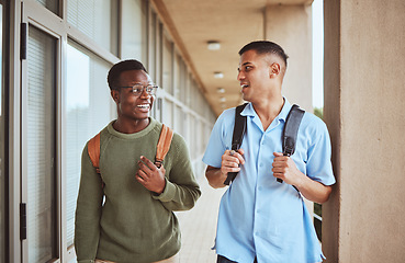 Image showing Talking, students and men, friends and education with university, chat and laughing together, wow on campus and study. Surprise, discussion and friendship communication, learning and happy outdoor