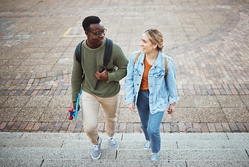 Image showing University, students and friends with education and campus, study and discussion, walk and talk together with learning. Scholarship, college and studying, communication with black man and woman