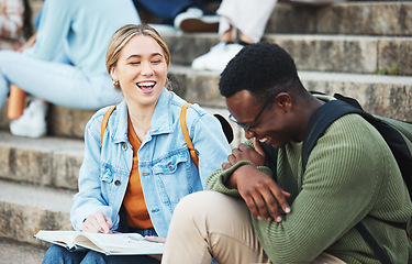 Image showing Laughing students, book or studying on stairs on university, school or college campus for test, exam or project. Smile, happy or bonding friends and education learning goals, support or research help