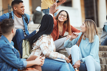 Image showing Talking, students or high five on university stairs, college campus bleachers or school steps for education diversity success. Smile, happy friends or partnership gesture in learning goals or target