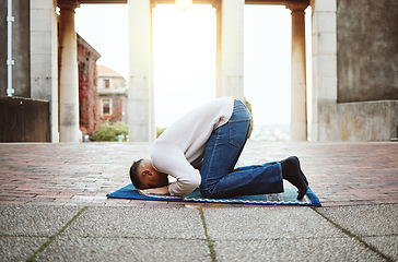 Image showing Muslim student man, prayer and college in morning for faith, success or support from God for studying. Islamic praying, worship and start at university, campus or religion for motivation in education