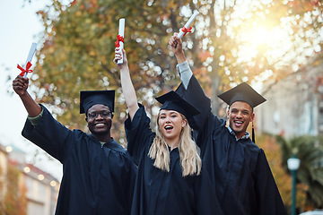 Image showing University graduation, certificate and portrait of friends excited for learning goals, achievement or future. Young graduate group of students, diploma and celebration of success in college education