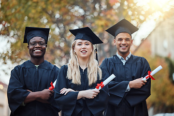 Image showing Education, arms crossed and portrait of friends at a graduation for future success, school certificate and college motivation in Canada. Graduate, happy and students with a diploma from university