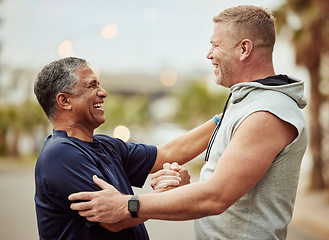Image showing Fitness, handshake and senior people with outdoor workout support, accountability and thank you for training, exercise or running goals. Wellness, community and personal trainer man with sports trust