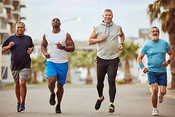 Image showing Fitness, running and teamwork with senior friends in city for stamina, cardio or endurance training. Sport, jogging and goal with group of men runner sprinting in town for workout, exercise or health